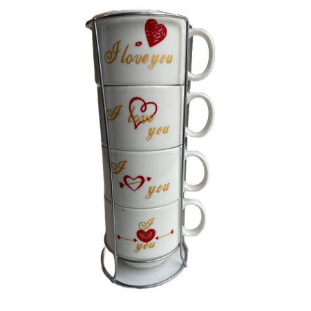 Set 4 cesti de cafea cu suport de metal, love you, 150ml