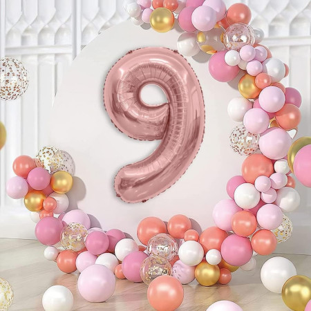 Balon din Folie Metalizata Cyrax, Figurina Cifra, Tema Aniversare 80 cm, Ambalaj Individual, Pai inclus, Umflare cu Aer sau Heliu, Rose Gold, Cifra 9