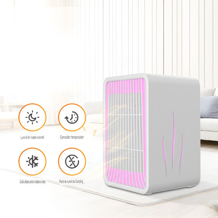 Mini Incalzitor pentru Birou,  Incalzire si Racire, 1000-1200W, cu Lumini, cu Maner, Lungime Cablu 1.5 m, 3 Trepte de Temperatura, 15.3x13.8x22.5 cm, Alb
