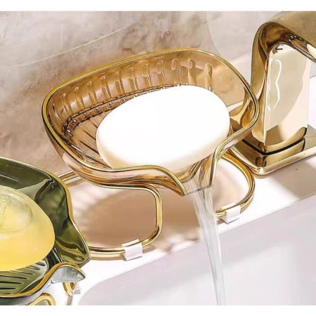 Savoniera cu Suport,  Sistem de Scurgere a Apei, Margine Aurie, 14 x 8.5 x 9 cm, din TPE, Auriu