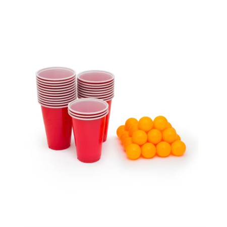 Joc de Baut BEER PONG, Cyrax, Set din 12 Mingi de Tenis si 12 Pahare Reutilizabile, Joc Interactiv pentu Adulti, Albastru Rosu
