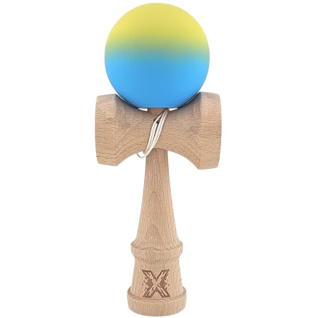 Kendama X Originala, Profesionala, Cyrax, 18 cm, Profesionala, +9 Ani, din Lemn, Gradient Galben/Albastru
