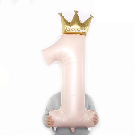 Balon din Folie Metalizata, Cyrax, Figurina Cifra 1, Model Coroana Printesa, 91 cm, Ambalaj Individual, Pai inclus, Umflare cu Aer sau Heliu, Roz