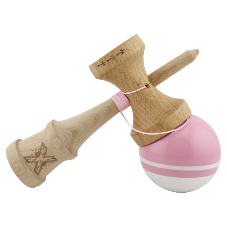 Kendama X Originala, Profesionala, Cyrax, Big Cups V2, Super Sticky cu Cupe Mari, din lemn 18 cm, Rulment Metalic cu Ata 55 cm, Roz/Alb