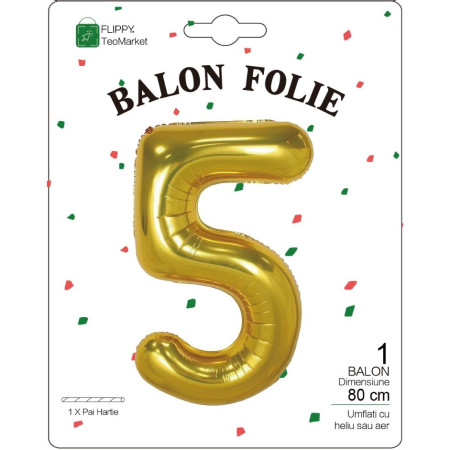 Balon din Folie Metalizata Cyrax, Figurina Cifra, Tema Aniversare 80 cm, Ambalaj Individual, Pai inclus, Umflare cu Aer sau Heliu, Auriu, Cifra 5