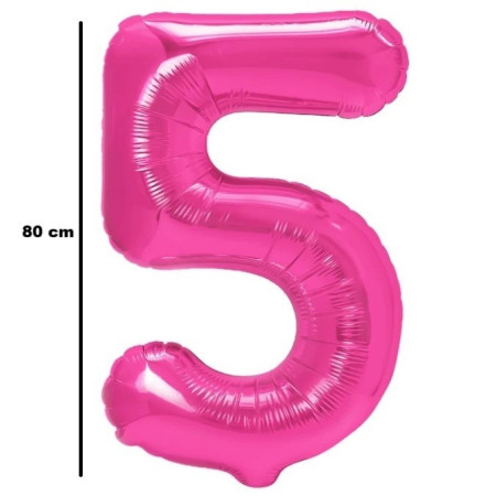 Balon din Folie Metalizata Cyrax, Figurina Cifra, Tema Aniversare 80 cm, Ambalaj Individual, Pai inclus, Umflare cu Aer sau Heliu, Roz, Cifra 5