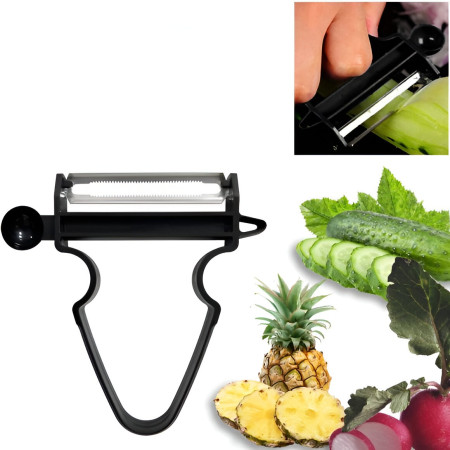 Set 3 Accesorii de Decojire, Razuire si Feliere, Cyrax, pentru Legume si Fructe, Negru-Rosu-Albastru