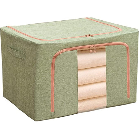 Cutie de Depozitare Pliabila,  24 L, din Bumbac si In, 40x30x20 cm, Fereastra Frontala, 2 Usi de Acces cu Fermoar Bidirectional, Cadru Metalic, Suport Baza Stabil din Plastic, Verde