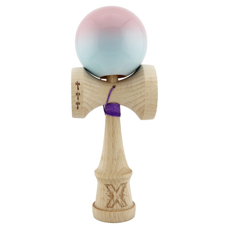 Kendama X Originala, Profesionala, Cyrax, Big Cups V2, Super Sticky cu Cupe Mari, din lemn 18 cm, Rulment Metalic cu Ata 55 cm, Roz/Albastru deschis