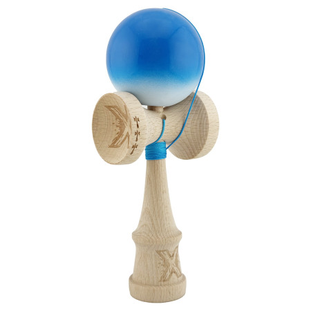 Kendama X Originala, Profesionala, Cyrax, Big Cups V2, Super Sticky cu Cupe Mari, din lemn 18 cm, Rulment Metalic cu Ata 55 cm, Albastru/Alb