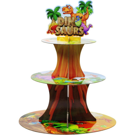 Etajera pentru Prajituri, Cyrax, din Carton, 3 Nivele, 16/22/29 cm Diametru, Inaltime 38 cm, Tema Dinozauri, Multicolor