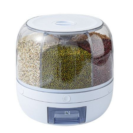 Dozator de cereale Cyrax, rotativ 360, 6 compartimente, capacitate 3 L, rezistent la umezeala, inchidere etansa, alb