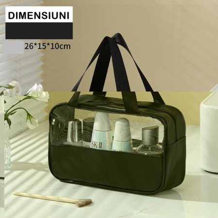 Geanta cosmetice Cyrax, pentru voiaj sau organizare, material PVC/textil, impermeabila, portabila, 26 x 15 x 10 cm, negru