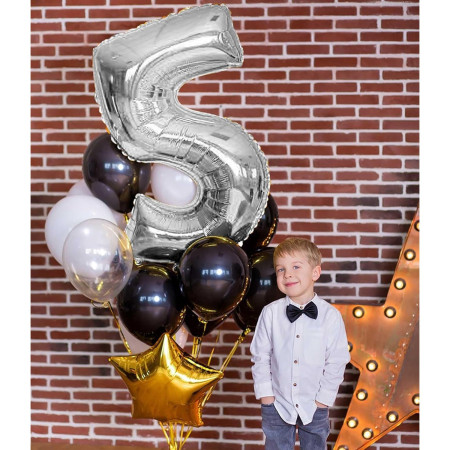 Balon din Folie Metalizata, Cyrax, Figurina Cifra, Tema Aniversare 100 cm, Ambalaj Individual, Pai inclus, Umflare cu Aer sau Heliu, Argintiu, Cifra 5