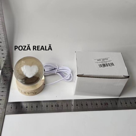 Lampa LED Decorativa,  Bila de Cristal cu Diametru 6cm, Model Inima 3D, Alimentare USB, Suport din Lemn, Lumina Alb Cald