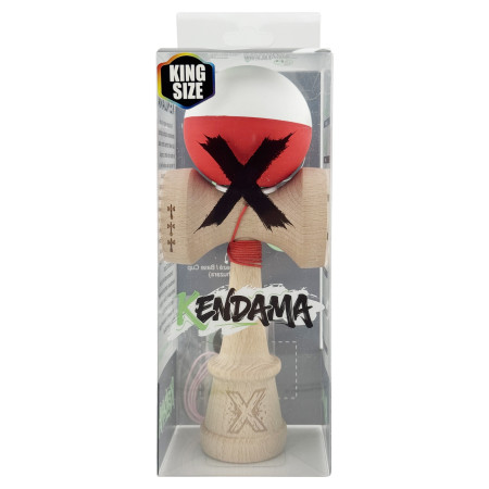 Kendama X Originala, Profesionala, Cyrax, Rubber Grip, Cupe Mari KING SIZE V3, Gaura in Baza, Rulment Metalic, din lemn 18 cm, Ata 62/65 cm, Bicolor Alb/Rosu