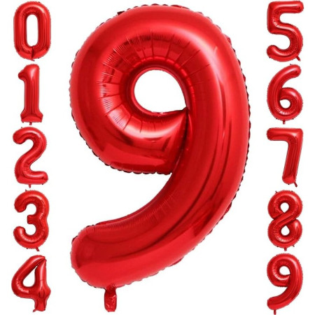 Balon din Folie Metalizata Cyrax, Figurina Cifra, Tema Aniversare 80 cm, Ambalaj Individual, Pai inclus, Umflare cu Aer sau Heliu, Rosu, Cifra 9