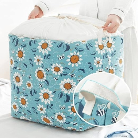 Cos depozitare,  Capac cu Snur, 175 L, Confectionat din Bumbac si un Strat Impermeabil, 50 x 50 x 70 cm, Albastru Deschis, Imprimeu Flori