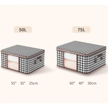 Cutie de Depozitare Pliabila,  55x35x25 cm, 50 L, Fereastra Frontala, cu Fermoar Bidirectional, Suport Baza Stabil, Imprimeu in Carouri, Alb/Negru