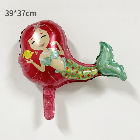 Balon din Folie Metalizata, Cyrax, Mini Figurine, Model Sirena cu Par Rosu, Tematica Aniversare, 39x37 cm, Ambalaj Individual, Pai Inclus, Umflare cu Aer sau Heliu, Multicolor