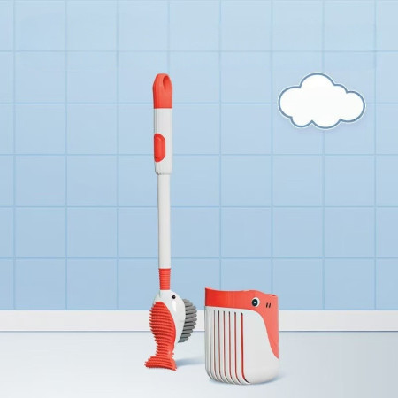 Perie de Toaleta,  cu Suport de Perete, Recipient Detergent, 2 Tipuri de Perii, Model Balena, Rosu
