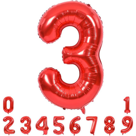 Balon din Folie Metalizata Cyrax, Figurina Cifra, Tema Aniversare 80 cm, Ambalaj Individual, Pai inclus, Umflare cu Aer sau Heliu, Rosu, Cifra 3