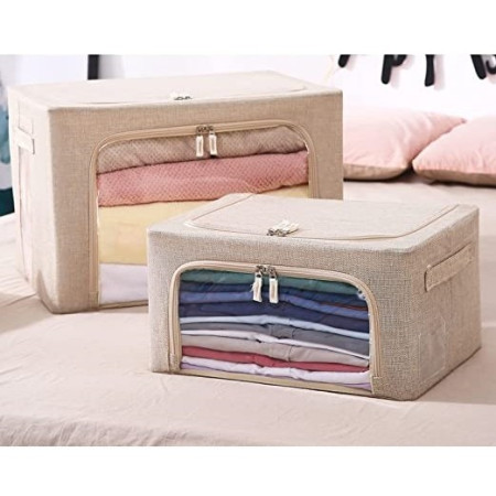 Cutie de depozitare pliabila,  Cu fermoar, 100 L, Textil, 60x42x40 cm, Cadru Metalic, Suport Baza Stabil din Plastic, Crem cu Doua Ferestre