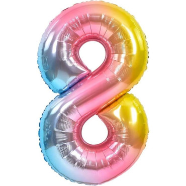 Balon din Folie Metalizata Gradient Cyrax, Figurina Cifra, Tema Aniversare 100 cm, Ambalaj Individual, Pai inclus, Umflare cu Aer sau Heliu, Multicolor, Cifra 8