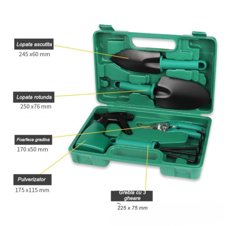 Set 5 accesorii pentru gradinarit  geanta depozitare inclusa, otel inoxidabil, 18.5 x 29.5 cm, verde