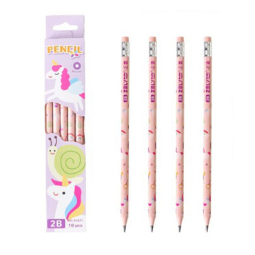 Set 10 Creioane Negre,  2B, pentru Elevi Scoala, cu Radiera, Model Roz cu Unicorni