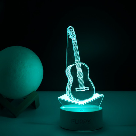 Lampa LED decorativa,  3D, Chitara, din material acril si lumina multicolora, alb