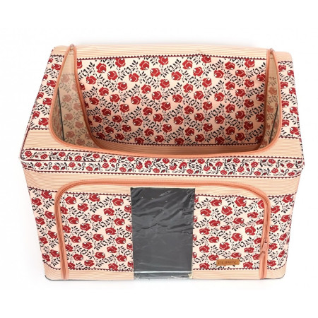 Cutie de Depozitare Pliabila, 100 L din Bumbac si In, 60X42X40 cm, Fereastra Frontala, 2 Usi de Acces cu Fermoar Bidirectional, Cadru Metalic, Suport Baza Stabil din Plastic, Motiv Traditional Model 4