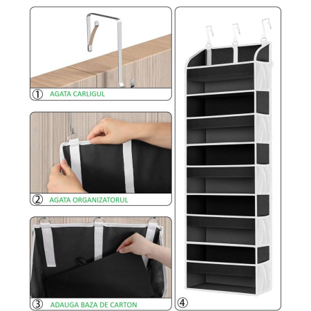 Organizator Suspendat pentru Usi,  din Nailon si Plasa, Baza de Carton Ingrosat, 5 Buzunare Principale + 10 Buzunare Laterale, 140 x 39 x 17 cm, 3 Carlige Incluse, Negru