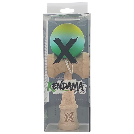 Kendama X Originala, Profesionala, Cyrax, Rubber Grip, din Lemn, 18 cm, Galben/Albastru/Verde