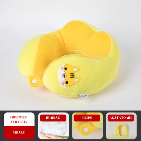 Perna de Calatorie,  Pentru Gat si Cap, Umplutura din Bumbac, 28x28x10 cm, cu Model Brodat Pisica, Galben