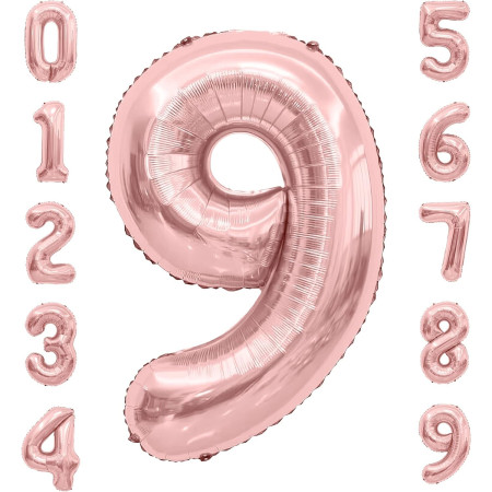 Balon din Folie Metalizata Cyrax, Figurina Cifra, Tema Aniversare 80 cm, Ambalaj Individual, Pai inclus, Umflare cu Aer sau Heliu, Rose Gold, Cifra 9