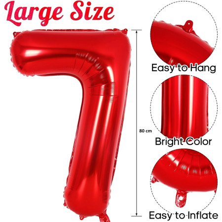 Balon din Folie Metalizata Cyrax, Figurina Cifra, Tema Aniversare 80 cm, Ambalaj Individual, Pai inclus, Umflare cu Aer sau Heliu, Rosu, Cifra 7