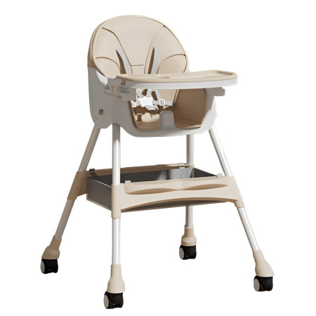 Scaun de Masa pentru Bebelusi si Copii, Cyrax, cu Roti, Telescopic, Pliabil, Masuta Reglabila, Suport Picioare, Scaun cu Invelis Piele Artificiala, Centura Siguranta, Spatiu Depozitare, 97x73x65 cm, Bej