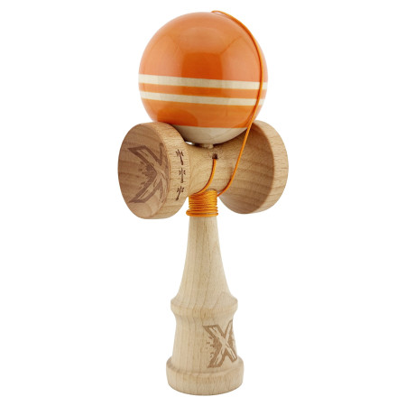 Kendama X Rainbow Originala, Profesionala, Cyrax, Big Cups V2, Super Sticky cu Cupe Mari, Rulment Metalic, din lemn 18 cm, Ata 55 cm, Portocaliu/Maro