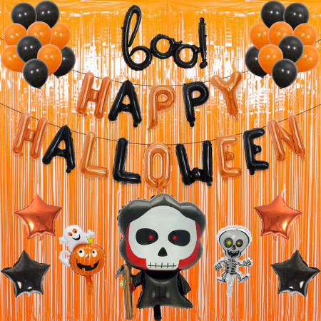 Set 5 Baloane din Folie Metalizata, Cyrax, Figurine, Tema Halloween, Pai Inclus, Ambalaj Individual, Umflare cu Aer sau Heliu, Figurina Craniu 50.5x74 cm, Stelute si Cerculete 45 cm, Alb-Negru