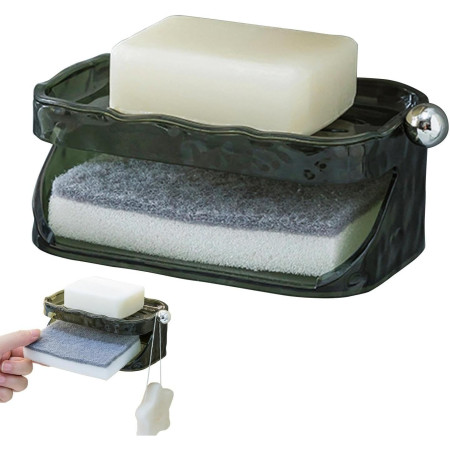 Savoniera Dubla,  2 Straturi, Instalare fara Perforare, Agatatoare Burete, 13.5 x 8.5 x 6 cm, Verde Inchis