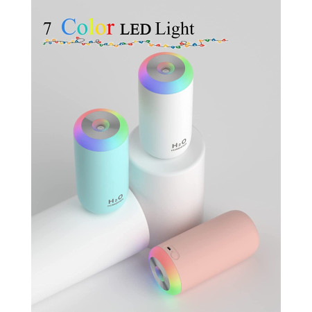 Umidificator, H2O, cu Difuzor de Aroma, Lumina de Noapte LED in 7 Culori, Zgomot Redus, 14.7x7.2cm, 350mL, Culoare Roz