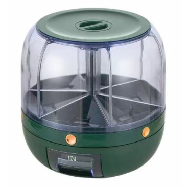 Dozator de cereale Cyrax, rotativ 360, 6 compartimente, capacitate 3 L, rezistent la umezeala, inchidere etansa, verde inchis