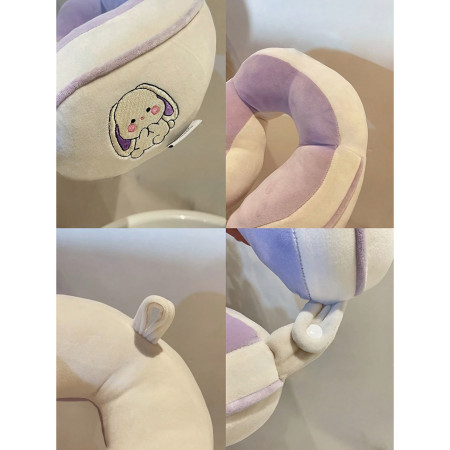 Perna de Calatorie,  Pentru Gat si Cap, Umplutura din Bumbac, 28x28x10 cm, cu Model Brodat Iepure, Lila