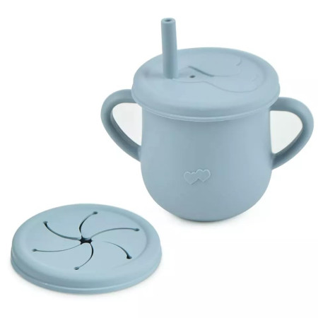 Set 10 Piese Servire Masa. Cyrax, pentru Bebelusi si Copii, din Silicon/Lemn, cu Ventuze Anti-alunecare, fara Alergeni. +6 Luni, Model Elefant, Albastru Deschis