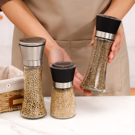 Rasnita Manuala pentru boabe, Cyrax, Rasnita pentru Piper Sare Cafea, din Sticla cu Otel inoxidabil, 19.2 x 6.4 cm, volum 200 ml, Transparenta cu Capac din Inox