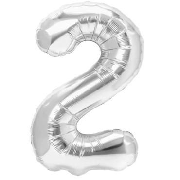 Balon din Folie Metalizata, Cyrax, Figurina Cifra, Tema Aniversare 80 cm, Ambalaj Individual, Pai inclus, Umflare cu Aer sau Heliu, Argintiu, Cifra 2
