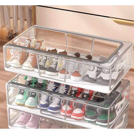 Cutie de Depozitare pentru Pantofi,  40x30x21 cm, din Plasa PVC Impermeabila si Cadru de Otel, Pliabila, Fermoar Bidirectional, Transparenta