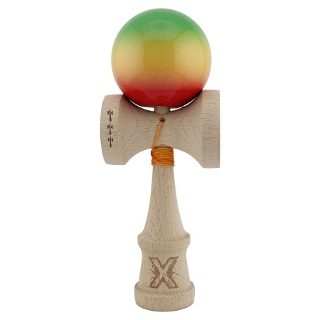 Kendama X Originala, Profesionala, Cyrax, Big Cups V2, Super Sticky Cupe Mari, Rulment Metalic cu Ata 55 cm, Verde/Galben/Rosu