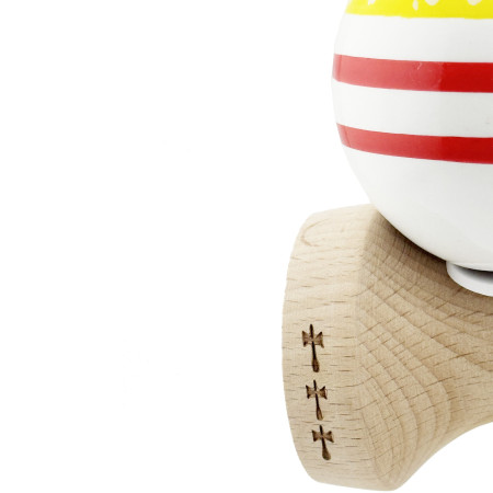 Kendama X Originala CHICANOS, Profesionala, Cyrax, Cupe Mari KING SIZE V3, Super Sticky, Gaura in Baza, Rulment Metalic, din lemn 18 cm, Ata 55 cm, Galben/Alb